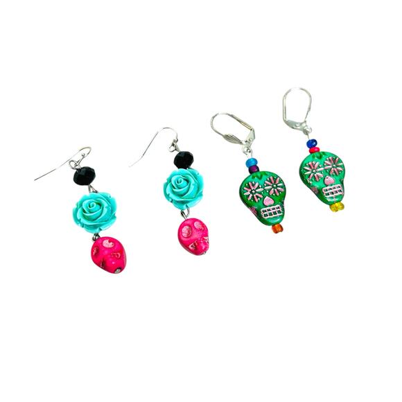 Sugar Skull Day of the Dead Colorful Dangle Earrings - Picture 2 of 4